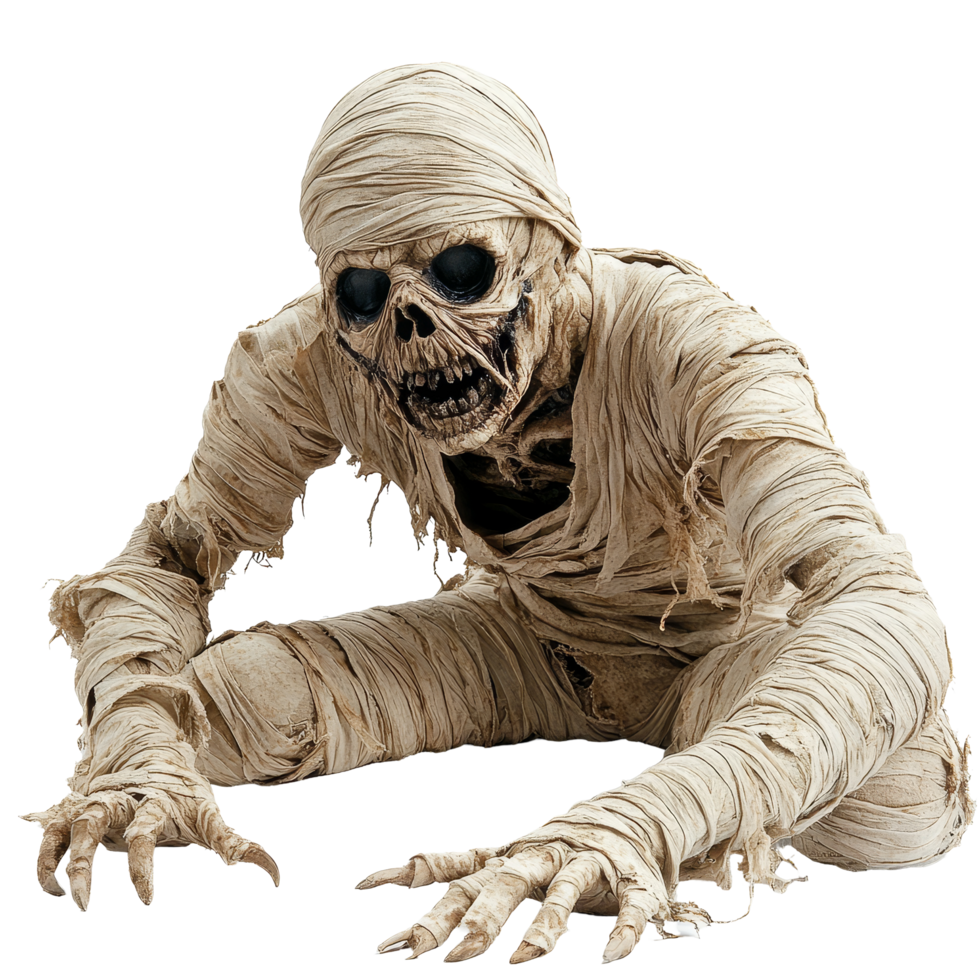 A chilling Halloween mummy emerging from its wrappings on a clean transparent background, Terrifying halloween mummy on transparent background png