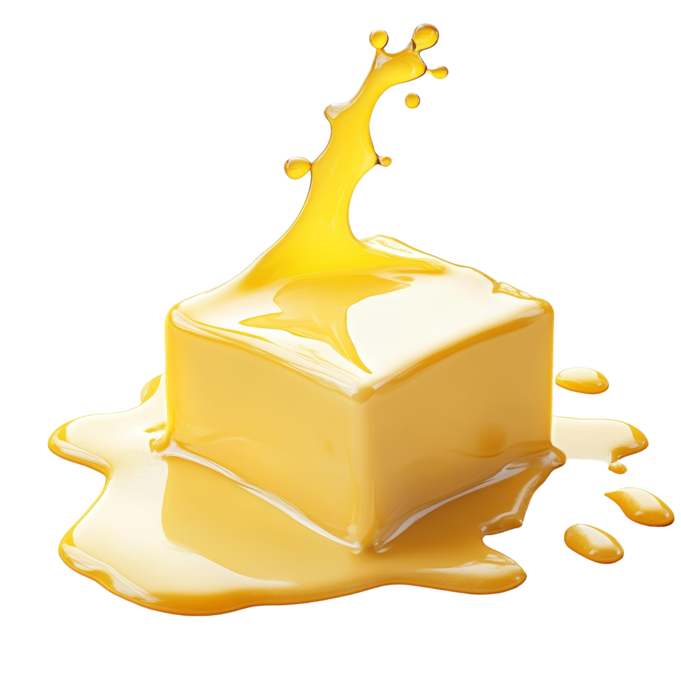 Freshly melted butter cube with droplets glistening on a light background, illustrating culinary richness and texture, Cube butter melting isolated Stock Photo png