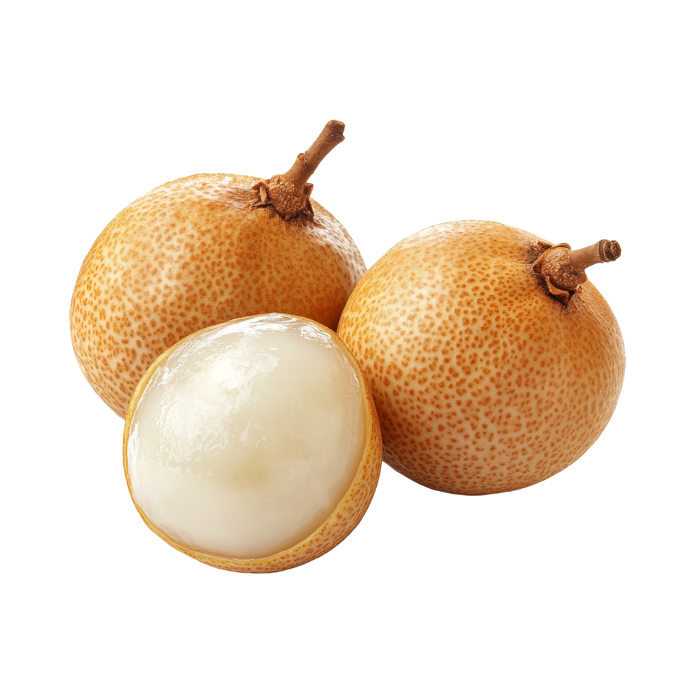 Fresh half longan fruit isolated on a transparent background showcasing its translucent flesh and brown shell, half longan isolated on transparent background png