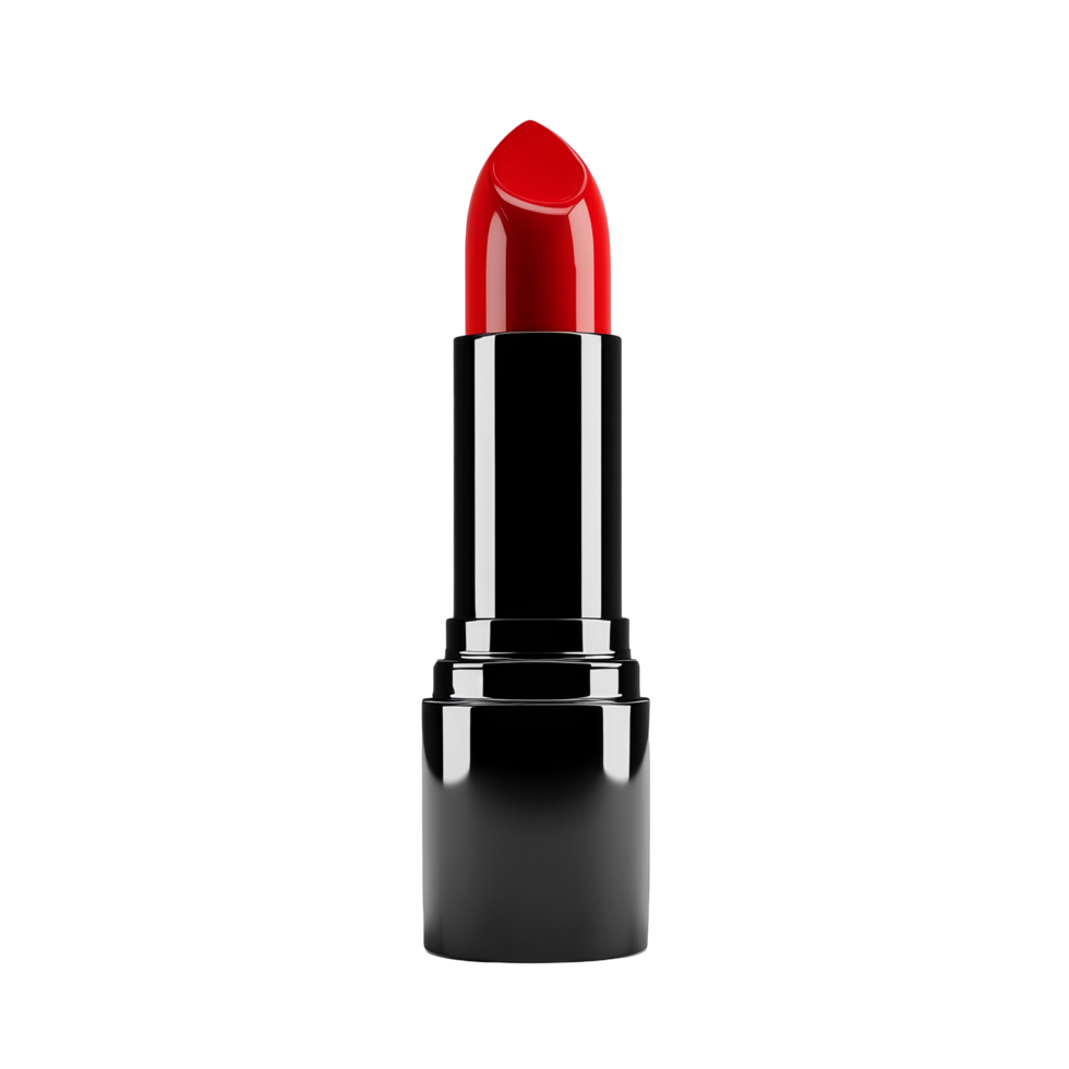 Bright red lipstick in a sleek black casing set against a clean transparent background for beauty and cosmetics enthusiasts, Red lipstick isolated on transparent background, 3D render. png