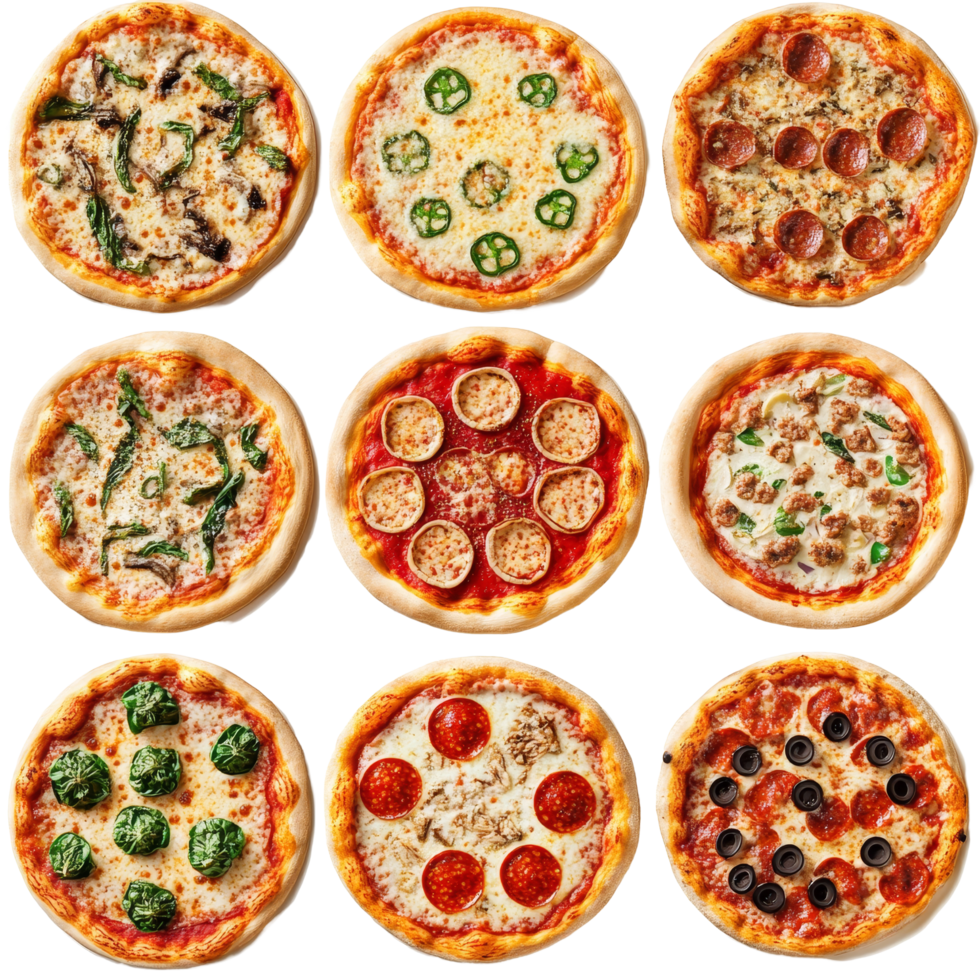A colorful collage showcasing delicious homemade pizzas with various toppings arranged in a perfect grid layout, collage of various types of pizza png
