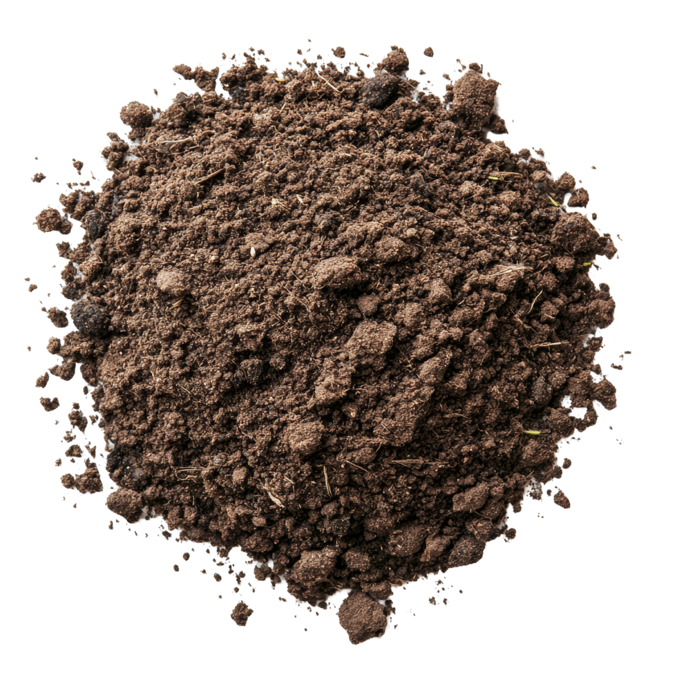 A close-up view of rich soil isolated on a transparent background showcasing its texture and composition for gardening use, soil isolated on transparent background png