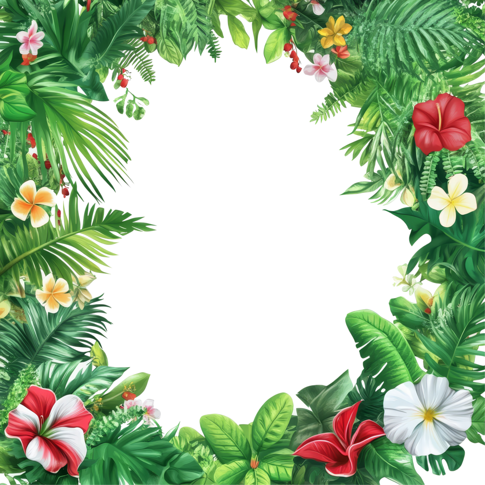 A vibrant tropical foliage frame featuring lush greenery and colorful flowers, Tropical foliage plant bush nature frame layout of Fish transparent png