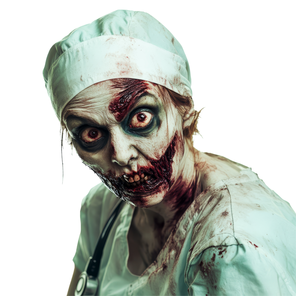 A terrifying zombie nurse emerges against a stark transparent background, showcasing horror and healthcare combined, Zombie nurse isolated on transparent background png