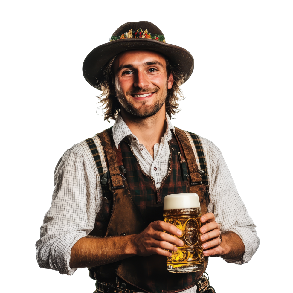 Traditional Bavarian man in a folk costume holding a beer stein against a transparent background, traditional bavarian man isolated on a transparent background png