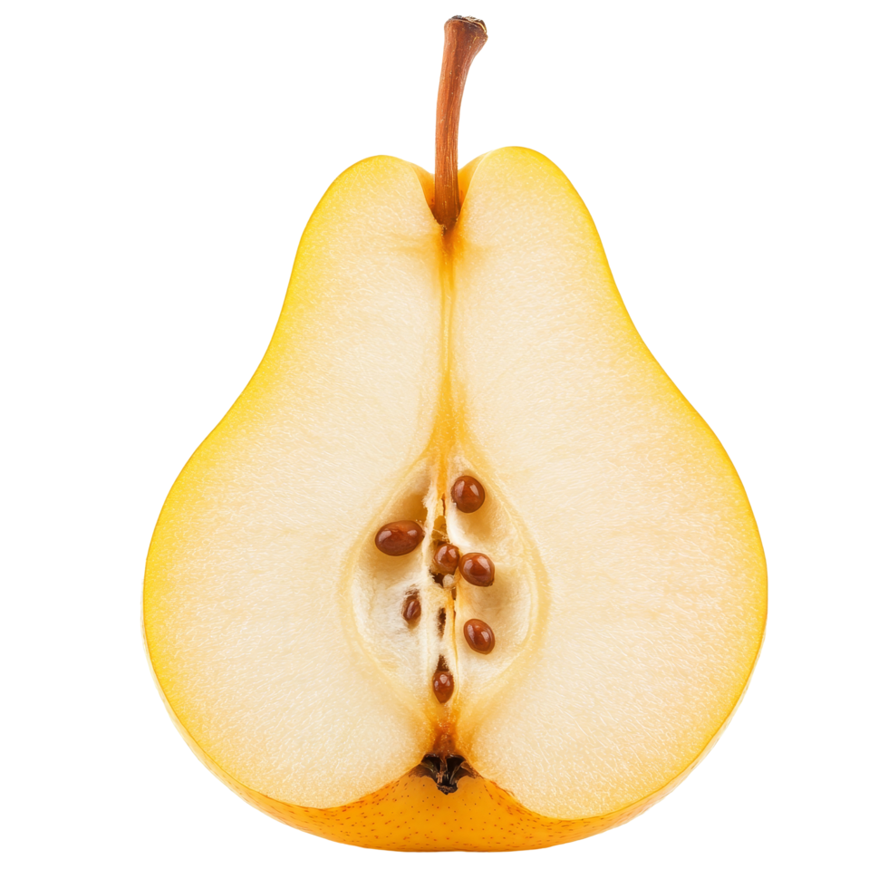 Half of a bright yellow pear fruit isolated on a clean transparent background showcasing its juicy interior and seeds, Half of yellow pear fruit isolated on transparent background png
