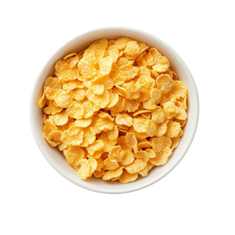 A bowl of crunchy corn flakes on a transparent background, showcasing a simple breakfast option for a healthy morning meal, corn flakes in a bowl on transparent background png