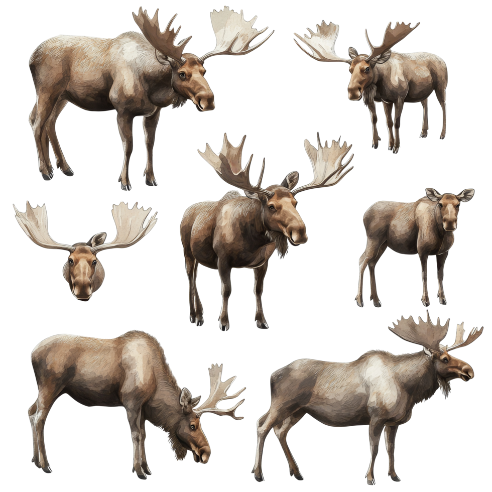 Majestic moose in various poses showcasing their graceful presence in the wild during daylight hours, Set Majestic Moose, Wild Animals in Various Poses, Isolated on transparent background png