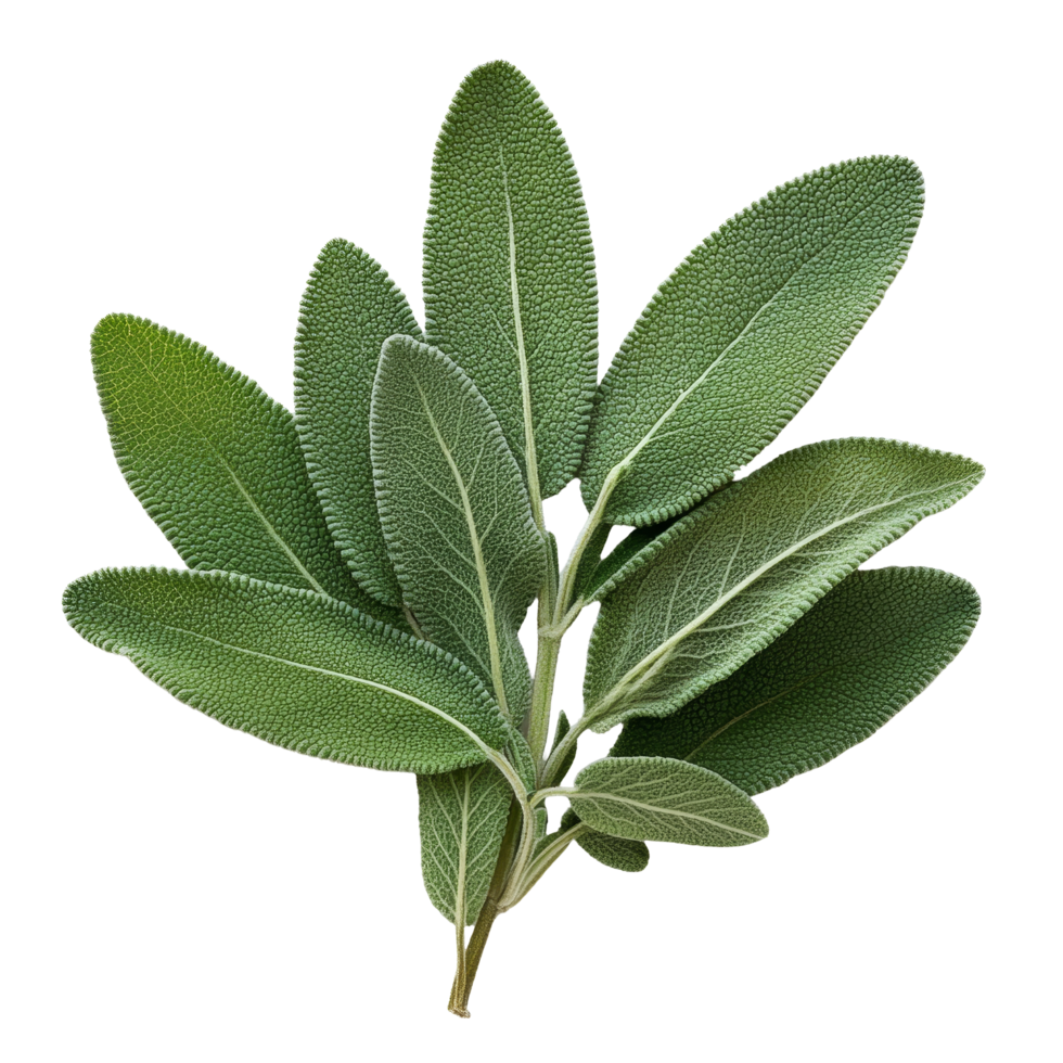 Fresh sage herb leaves arranged neatly on a transparent background for culinary and medicinal uses, Sage herb leaves isolated on transparent background png