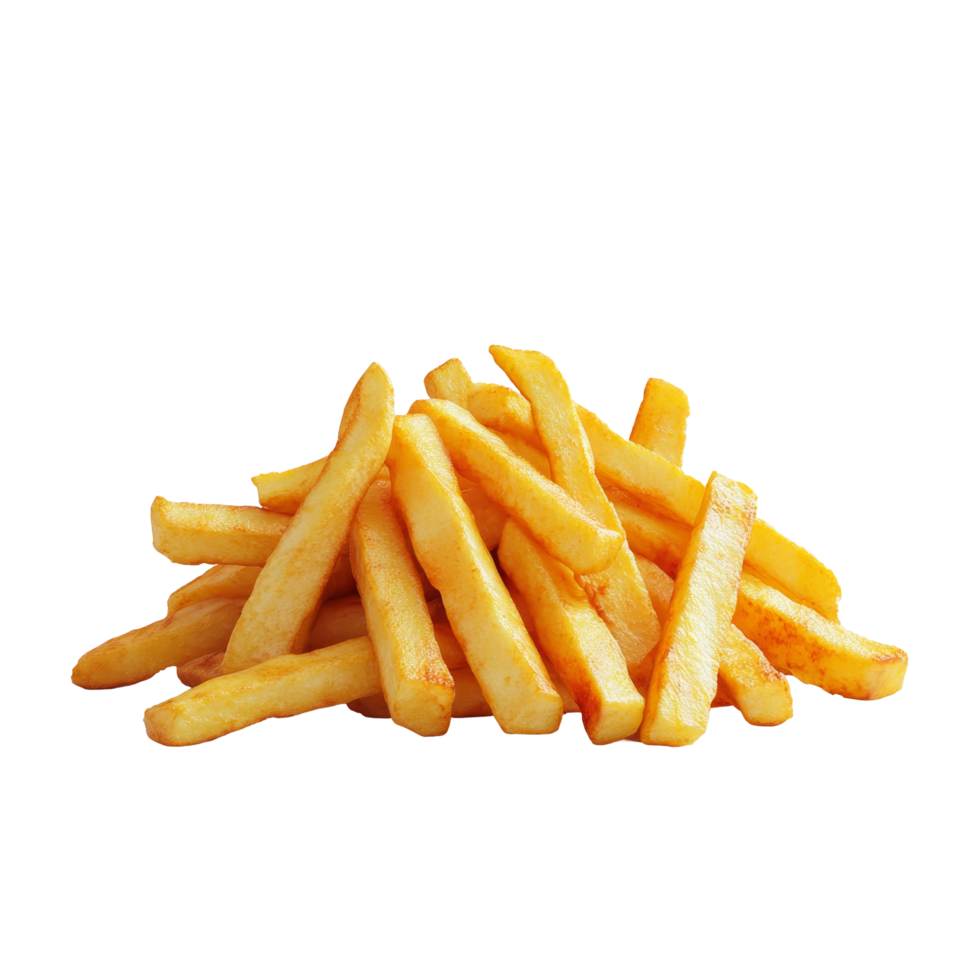 A golden pile of crispy French fries isolated against a light background, perfect for snacking or side dishes, Stacked french fries isolated png