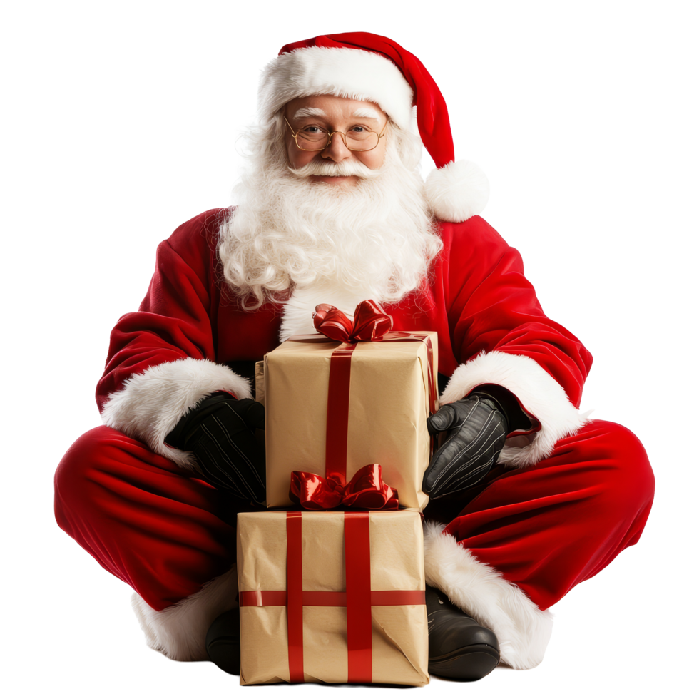 Santa Claus with wrapped presents sitting on a transparent background during the holiday season, santa claus with presents isolated on transparent background png