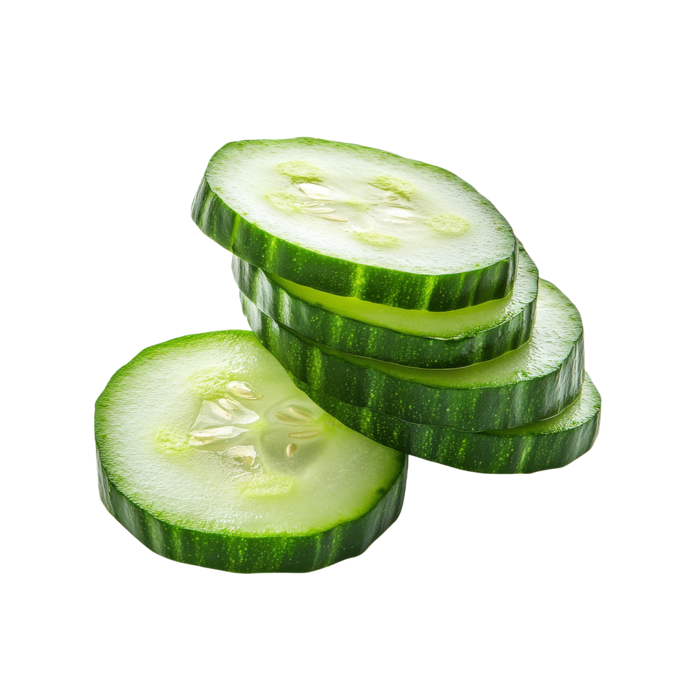 Sliced cucumber rounds stacked on a clean transparent background for fresh culinary presentation, sliced cucumber isolated on transparent background png
