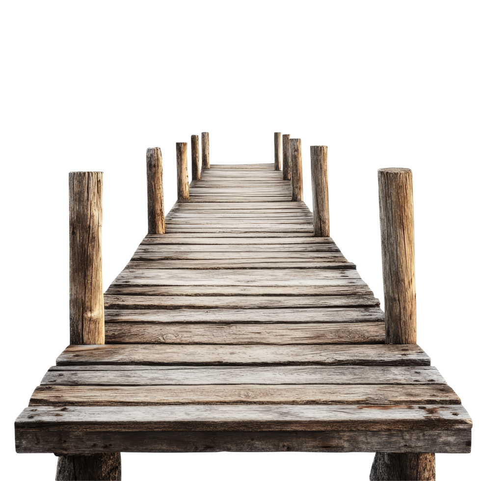 An isolated wooden pier stretching into a bright transparent background, symbolizing tranquility and solitude, Wooden Pier Isolated on transparent background png