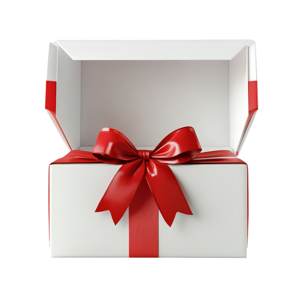 Open transparent gift box with a red bow ready for special occasions and celebrations, transparent color open gift box with gold ribbon isolated png