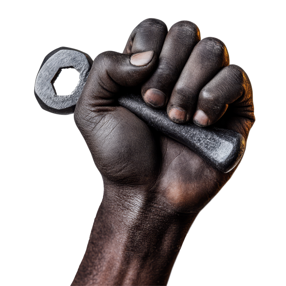 An African hand firmly holds a wrench, showcasing skill and strength against a transparent backdrop, African Black Hand Holding a Wrench on Transparent Background png