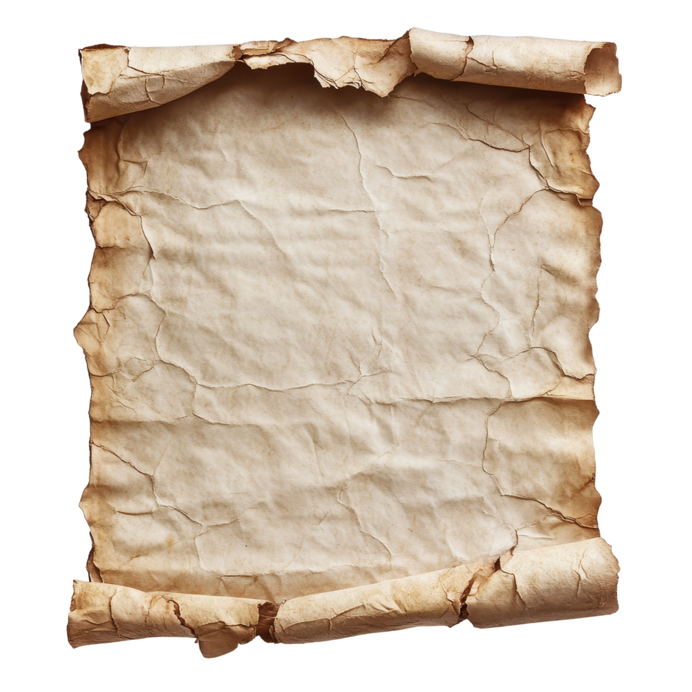 Vintage parchment paper with a worn texture and aged edges, perfect for historical documents and creative projects, Vintage old parchment paper transparent background. Parchment paper transparent background png