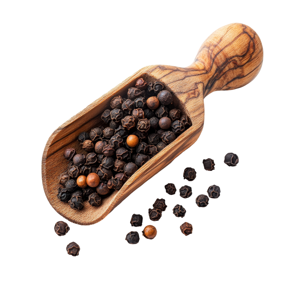 Wooden scoop filled with various peppercorns on a bright transparent background for culinary use, peppercorn in wood scoop isolated on transparent background png