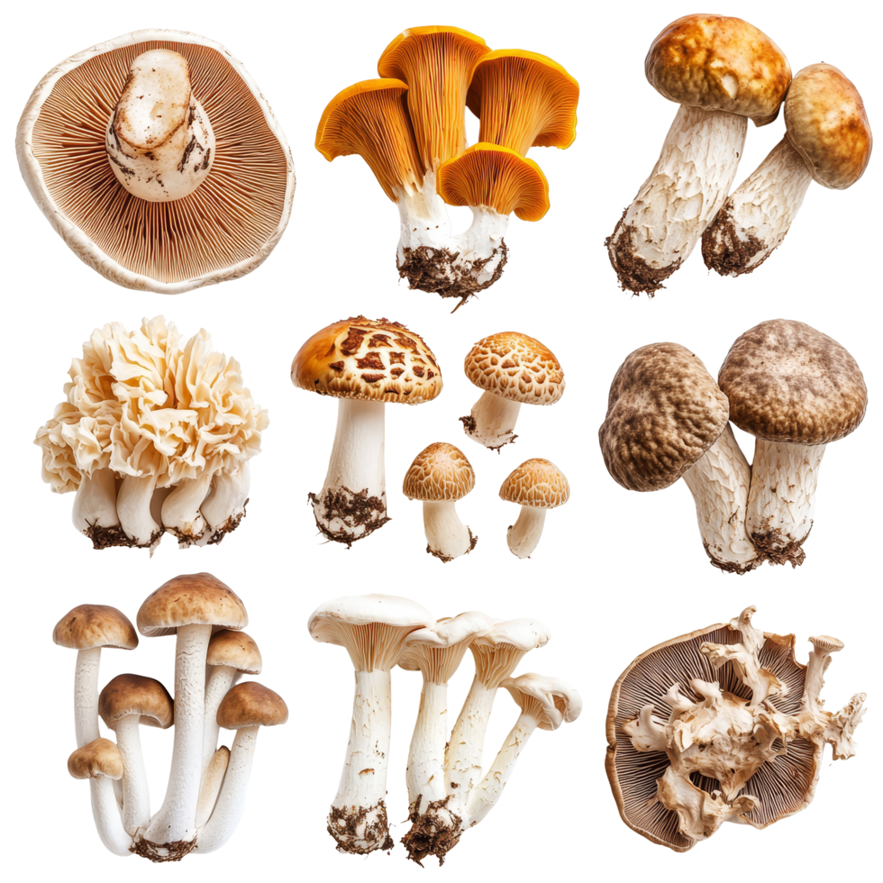 Variety of mushrooms including porcini and shiitake displayed on a clean transparent background for culinary inspiration, Various Mushrooms on transparent background Porcini, Shiitake, Fly Agaric, Morel png