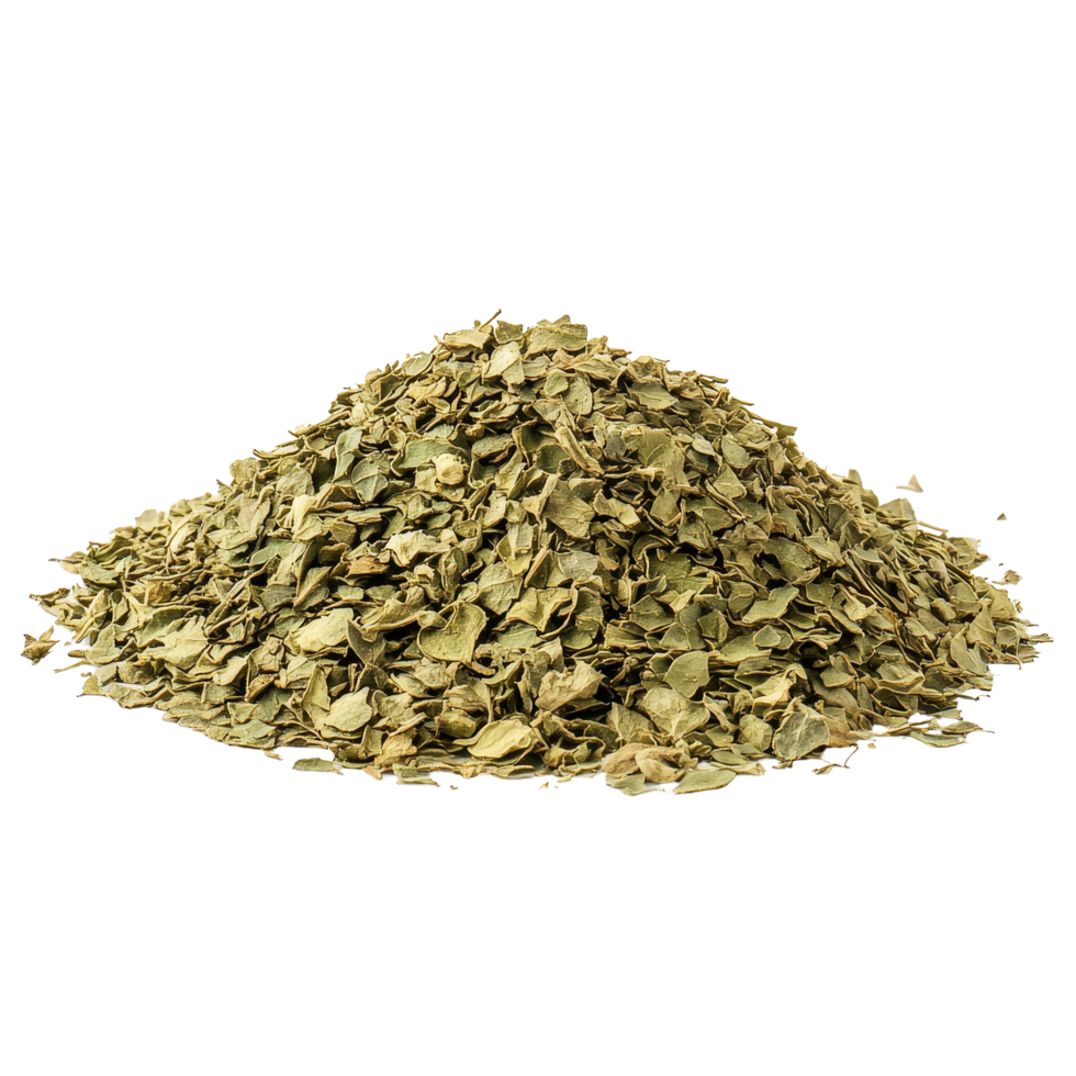 A detailed view of a pile of dried oregano leaves isolated on a clean transparent background for culinary use, Pile of dried oregano leaves isolated on transparent background png