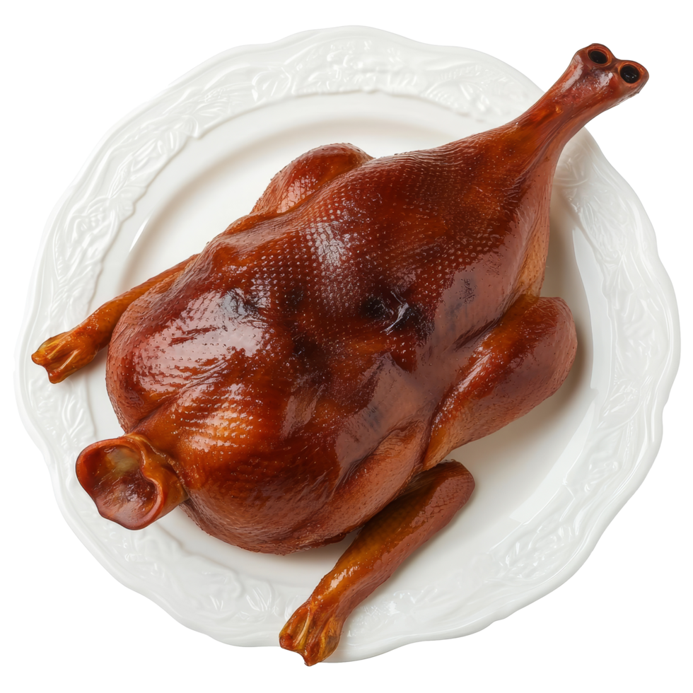 Delicious Peking duck served on an elegant transparent plate against a clean transparent background, Peking duck on plate isolated on transparent background png