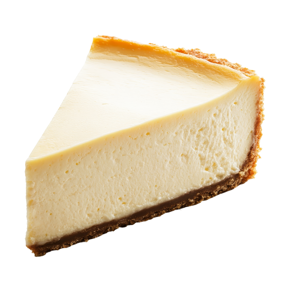 Delicious New York style cheesecake slice on a transparent background with a smooth texture and golden crust, new york style cheesecake slice isolated on transparent background png