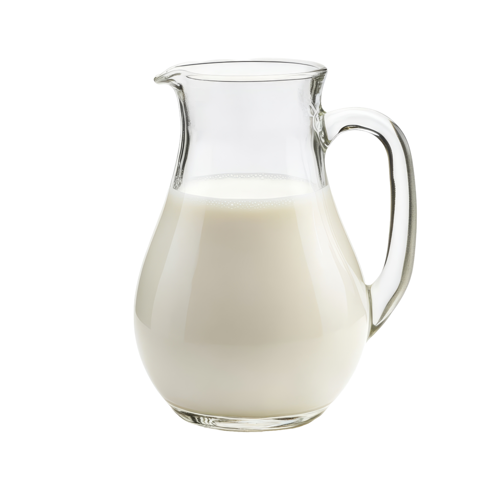 Fresh milk in a clear glass jug against a pristine transparent background, perfect for culinary uses or everyday nourishment, Glass jug of fresh milk on transparent background png