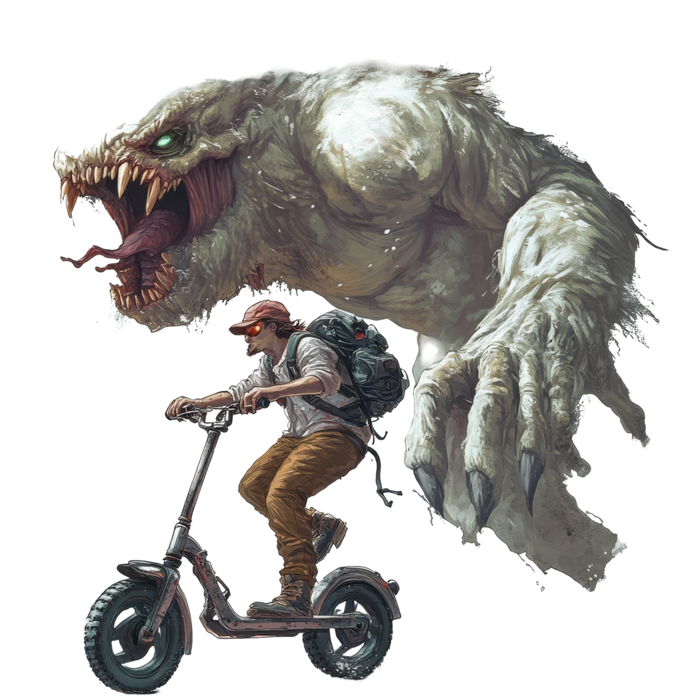 A scared explorer rides an electric scooter while being chased by a monstrous creature in a surreal landscape, file no background Scared explorer on electric scooter being chased by a monster png
