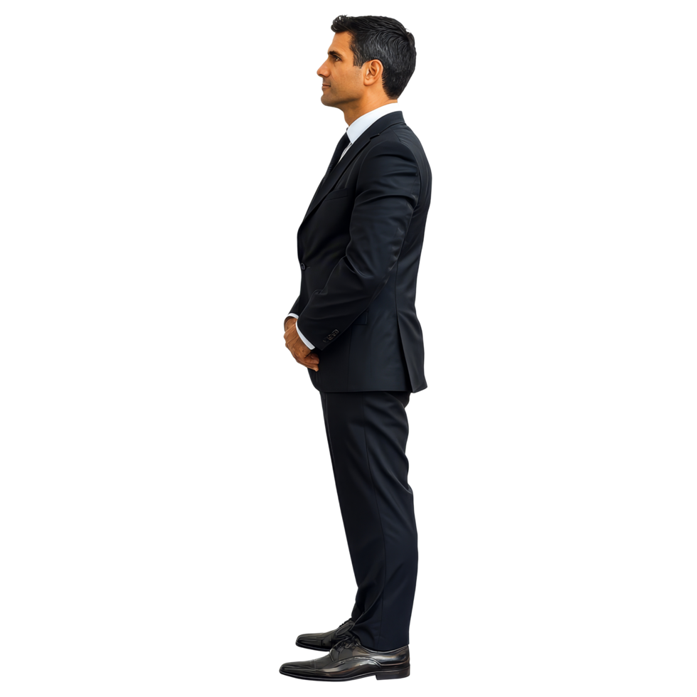 Corporate businessman in a formal suit standing confidently and poised in a side view against a transparent background, Corporate businessman standing side view file no background png