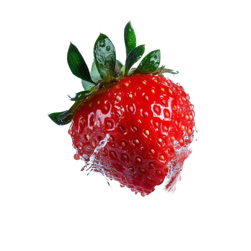 Fresh strawberry splashes dramatically into water, creating a mesmerizing splash effect isolated on a transparent background, strawberry splashing into water isolated on transparent background png