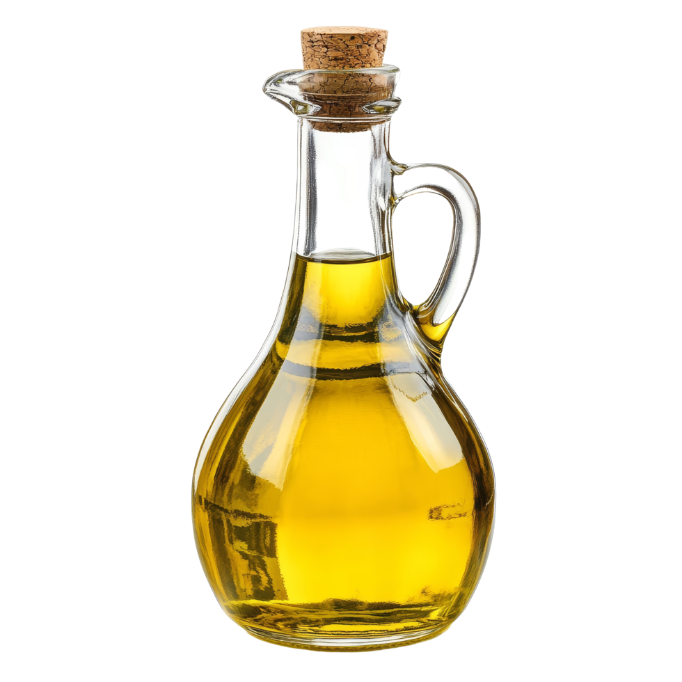 A glass bottle filled with high-quality olive oil, perfect for culinary use, displayed against a transparent background, Olive oil in a glass bottle isolated png
