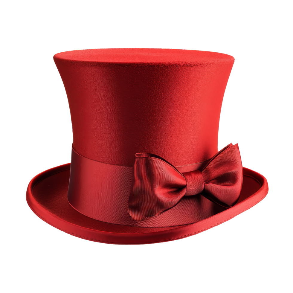 Elegant red top hat with a stylish bow displayed against a clean transparent background for a formal occasion, Red Top Hat with Elegant Bow on transparent background png