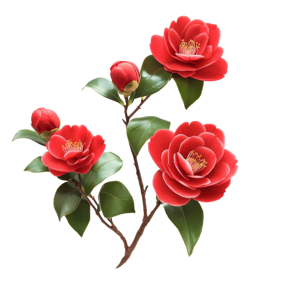 Vibrant camellia flowers with lush green leaves isolated on a transparent background for artistic display, camellia flowers isolated on transparent background png