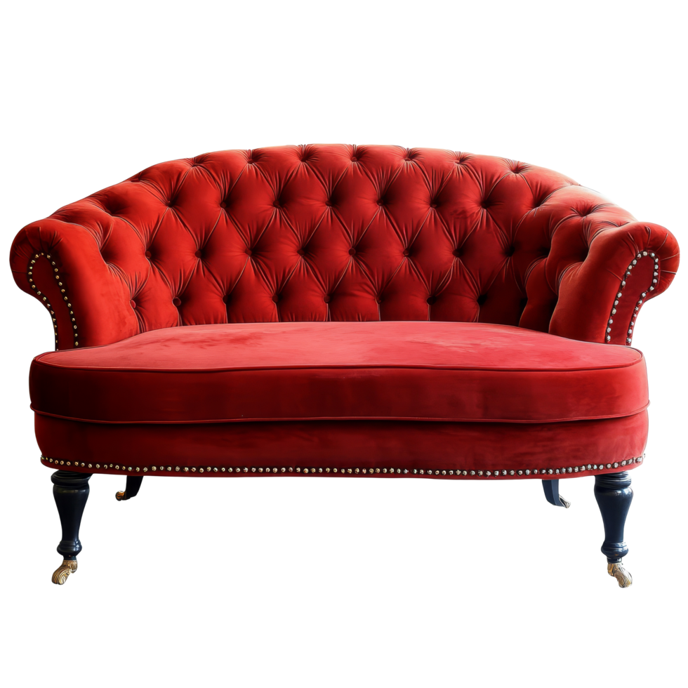 Stylish red tufted sofa placed against a clean transparent background for a modern interior design look, red sofa isolated on transparent png