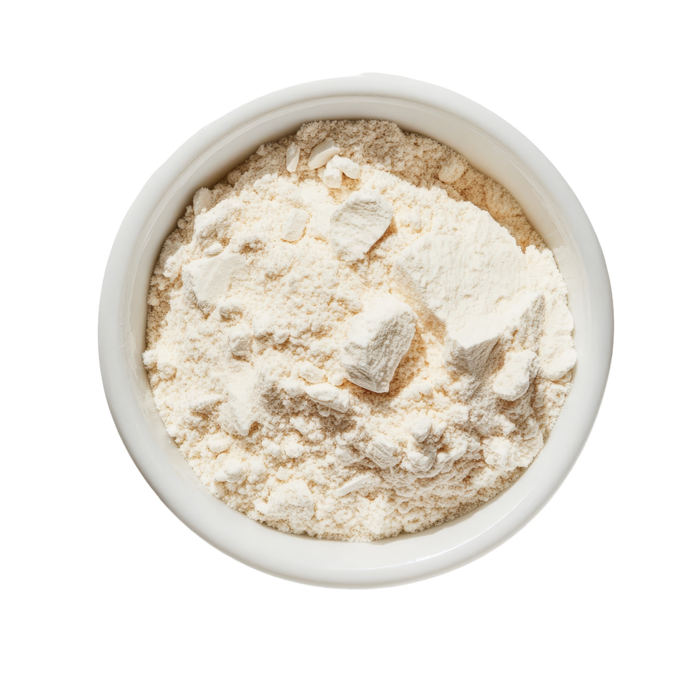 Whey protein powder in a transparent bowl on a clean surface ready for healthy recipes or shakes, whey protein in a bowl on transparent background png