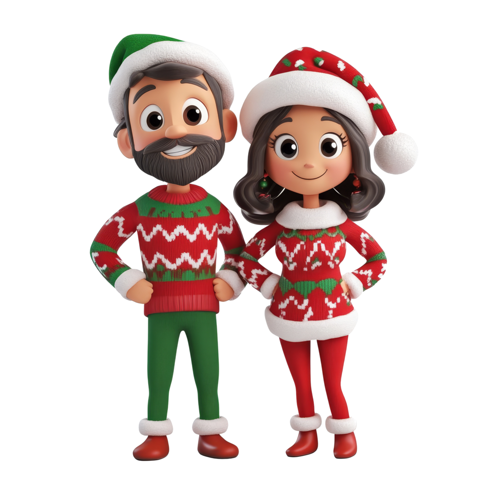 Festive cartoon couple wearing Christmas sweaters and hats against a bright transparent background, 3D Cartoon Couple in Festive Christmas Attire on transparent background png