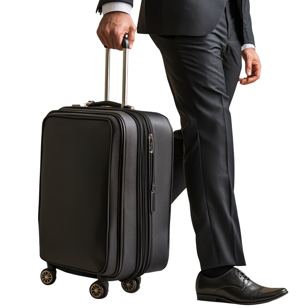 Businessman in a suit traveling with a suitcase at an airport terminal during the daytime, file no background Businessman traveling with a trolley bag png
