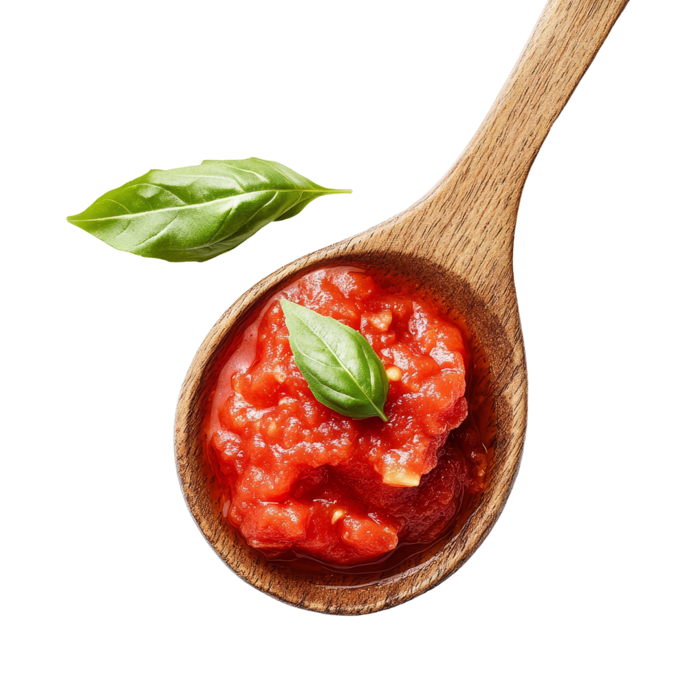 Wooden spoon filled with fresh tomato sauce and basil leaves on a transparent background, Wooden Spoon with Tomato Sauce on transparent background png