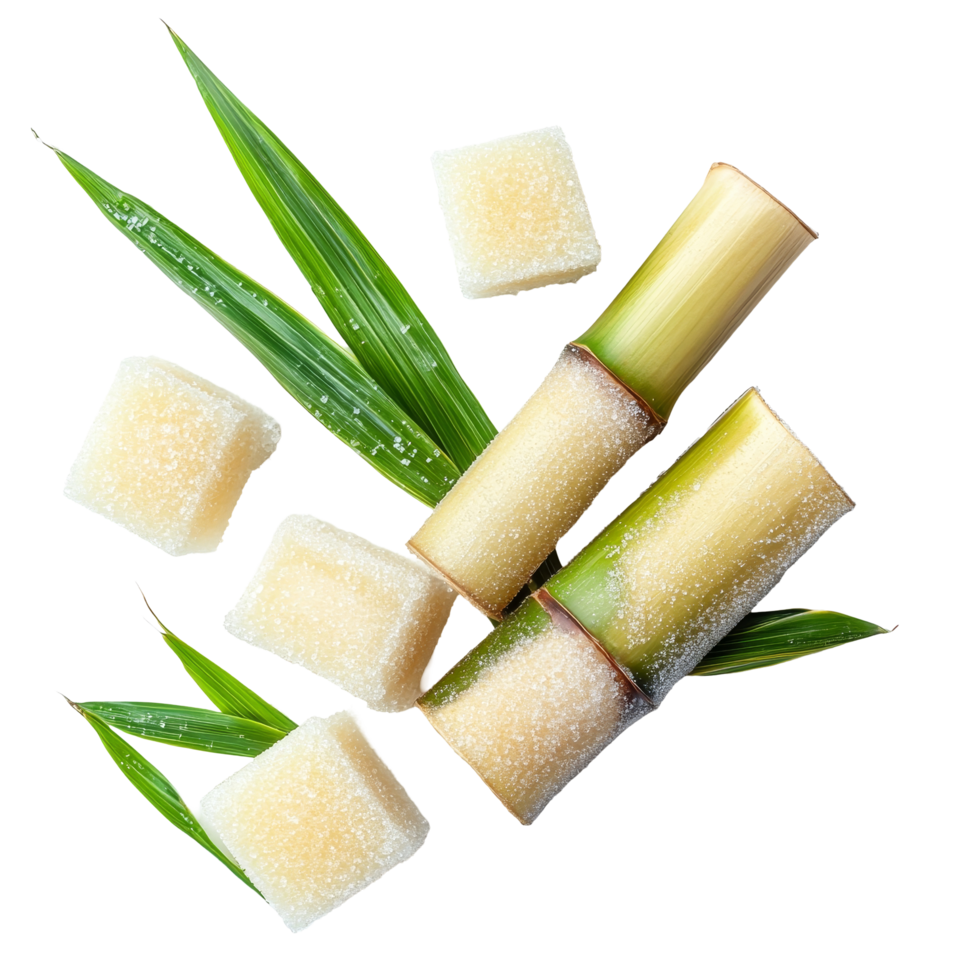 Fresh sugarcane stalks and sugar cubes arranged on a transparent background with green leaves, sugarcane and sugar cube on transparent background png