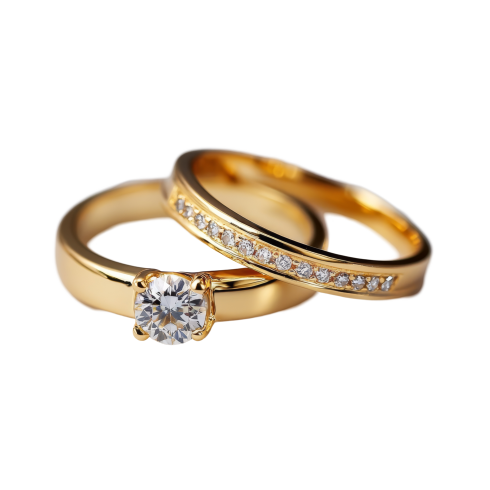 Engagement gold rings with gemstone on a transparent background showcasing love and commitment in a romantic setting, couple engagement gold ring transparent background png