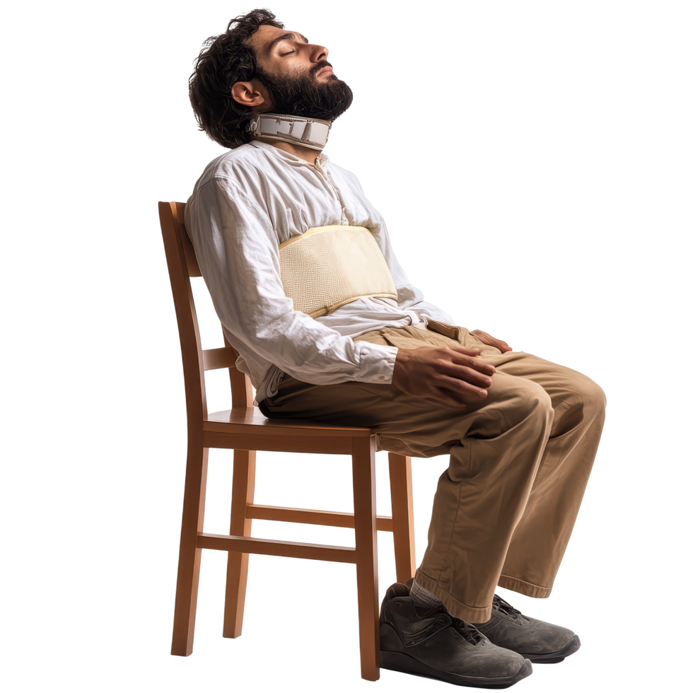 Injured patient seated on a chair with a neck brace and torso wrap in a clinical setting, file no background Injured patient with neck brace sitting on a chair png