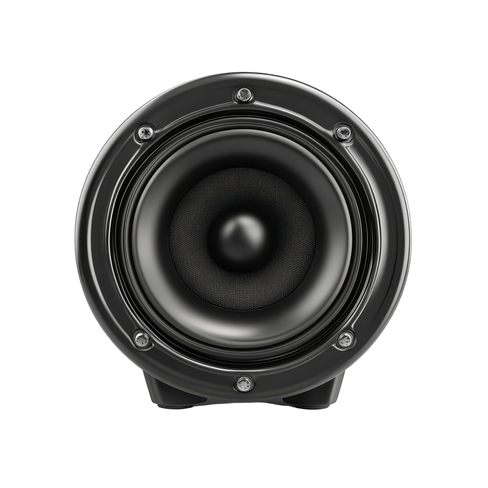 Stylish black audio loudspeaker designed for high-quality sound on a clean transparent background, black audio loudspeaker isolated on transparent background png