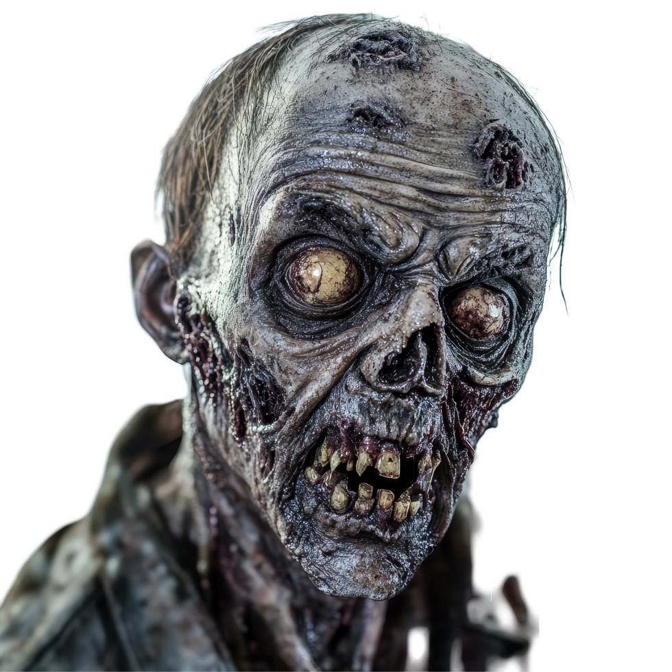 A terrifying zombie with haunting eyes and decayed features facing the camera against a plain transparent background, Terrifying zombie facing the camera on transparent background png