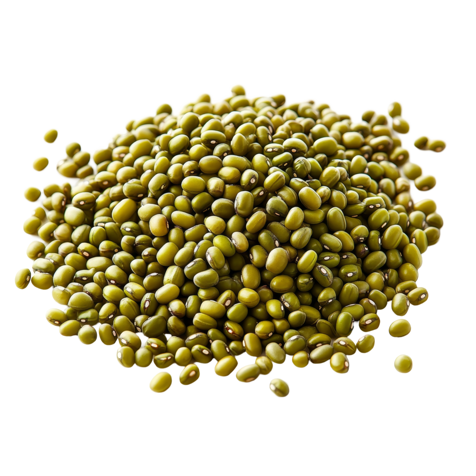 A fresh pile of mung beans isolated on a clean transparent background, highlighting their vibrant green color and oval shape, Pile of mung beans isolated png