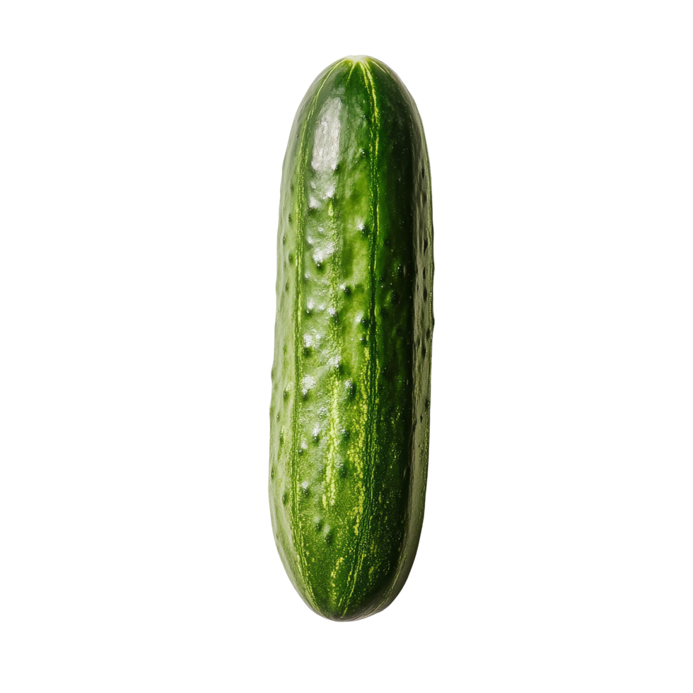 Fresh green cucumber resting on a clean transparent background, showing its texture and natural shine in lighting, striped cucumber on transparent background png