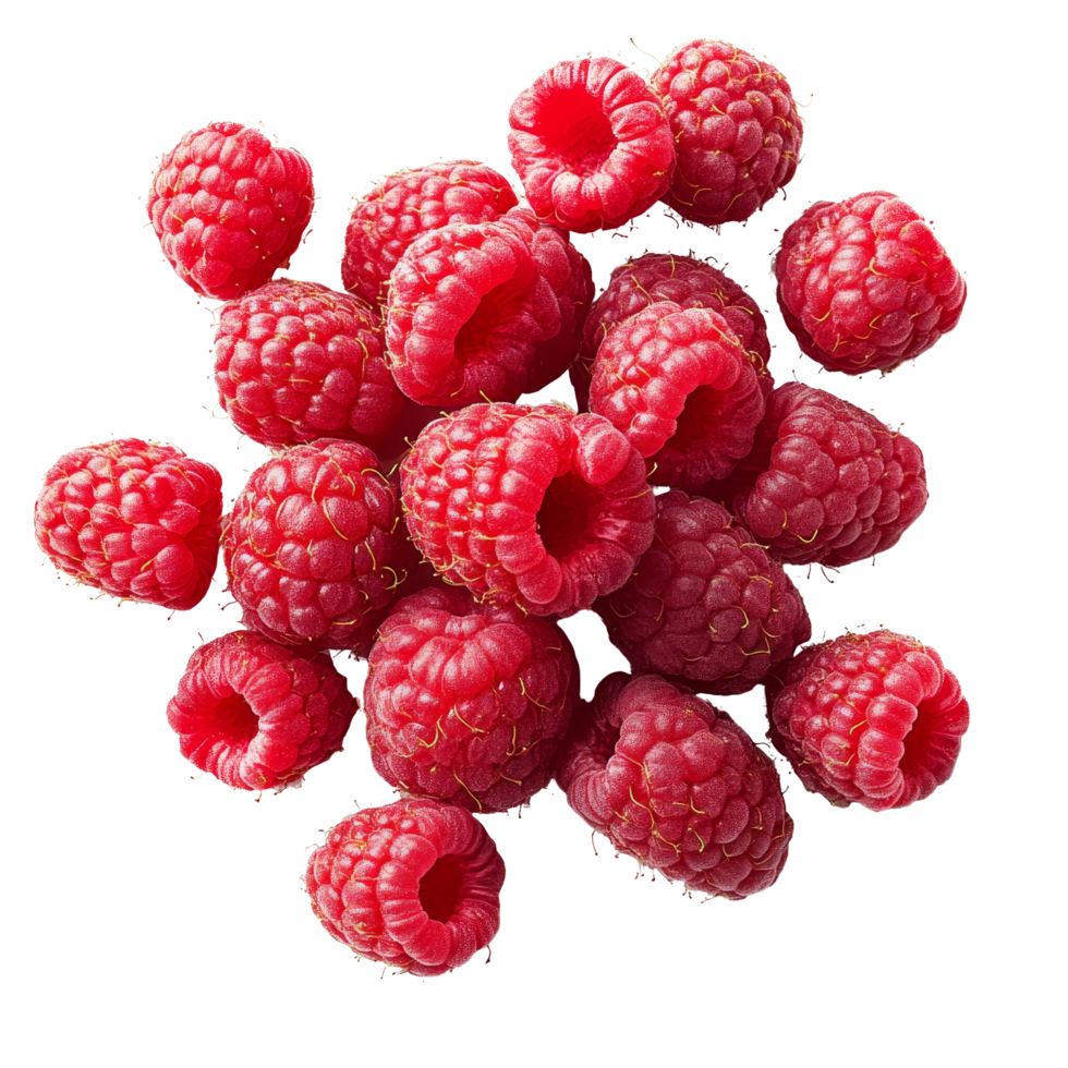 Fresh raspberries piled on a clean transparent background, showcasing their vibrant color and natural texture, raspberries on transparent background png