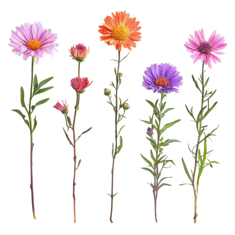 A beautiful assortment of aster flowers in vibrant colors displayed on a transparent background for creative design use and artistic projects, Aster flower single stem isolated on transparent backgroud png
