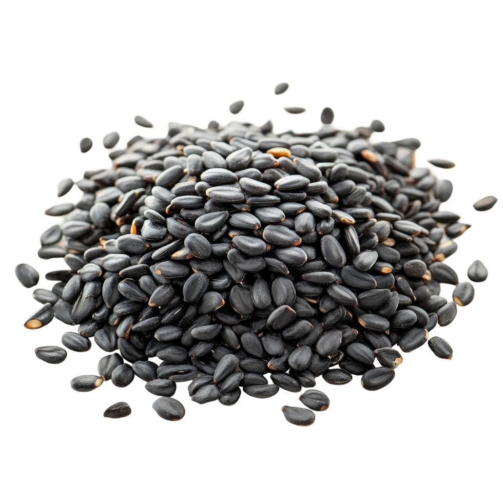 Black sesame seeds piled on a clean transparent background showcasing their natural color and shape, black sesame isolated on transparent background png