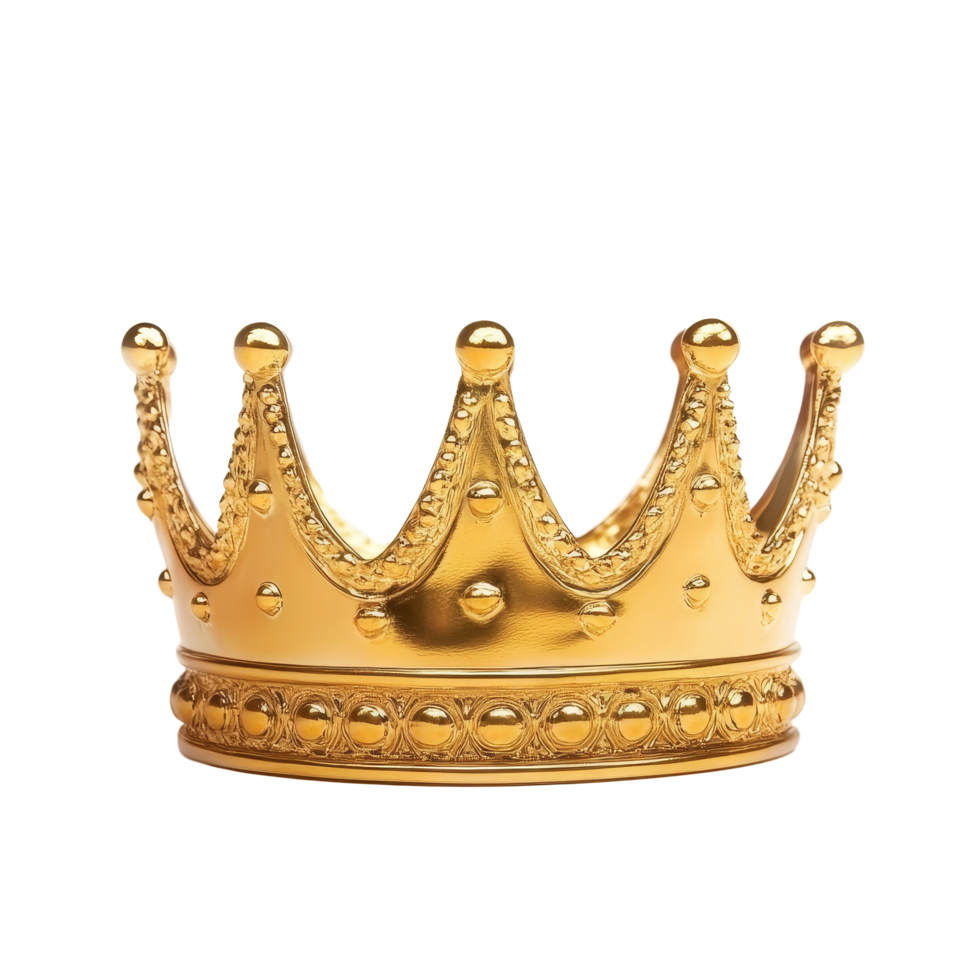 Shiny golden crown isolated against a transparent background showcasing intricate designs and royal elegance, golden crown isolated on transparent png