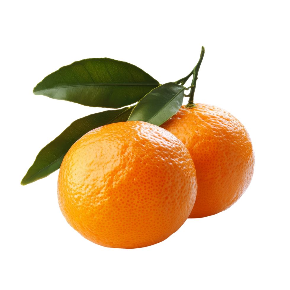 Fresh mandarin tangerine citrus fruit with green leaves set against a clean transparent background, Mandarin tangerine citrus fruit with leaf isolated on transparent background png