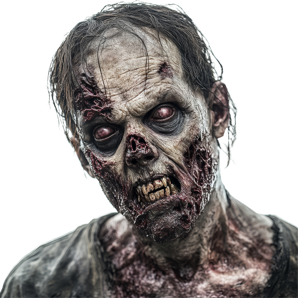 A terrifying zombie portrait against a stark transparent background showcasing haunting details of decay and horror, Horror Zombie Portrait on transparent background png